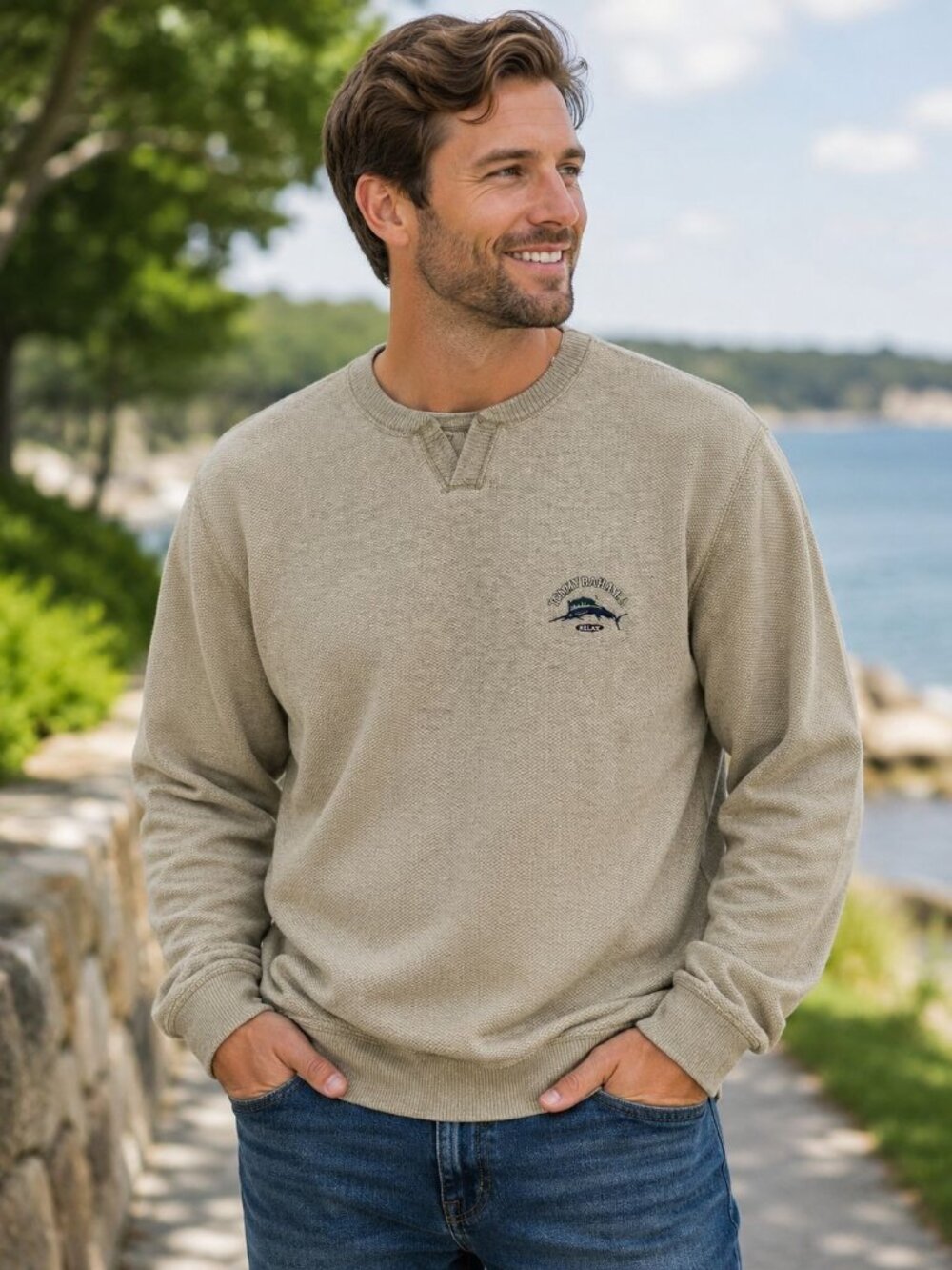 Tommy Bahama Beige Cotton Crewneck Sweatshirt M Pullover Casual Knit Vintage